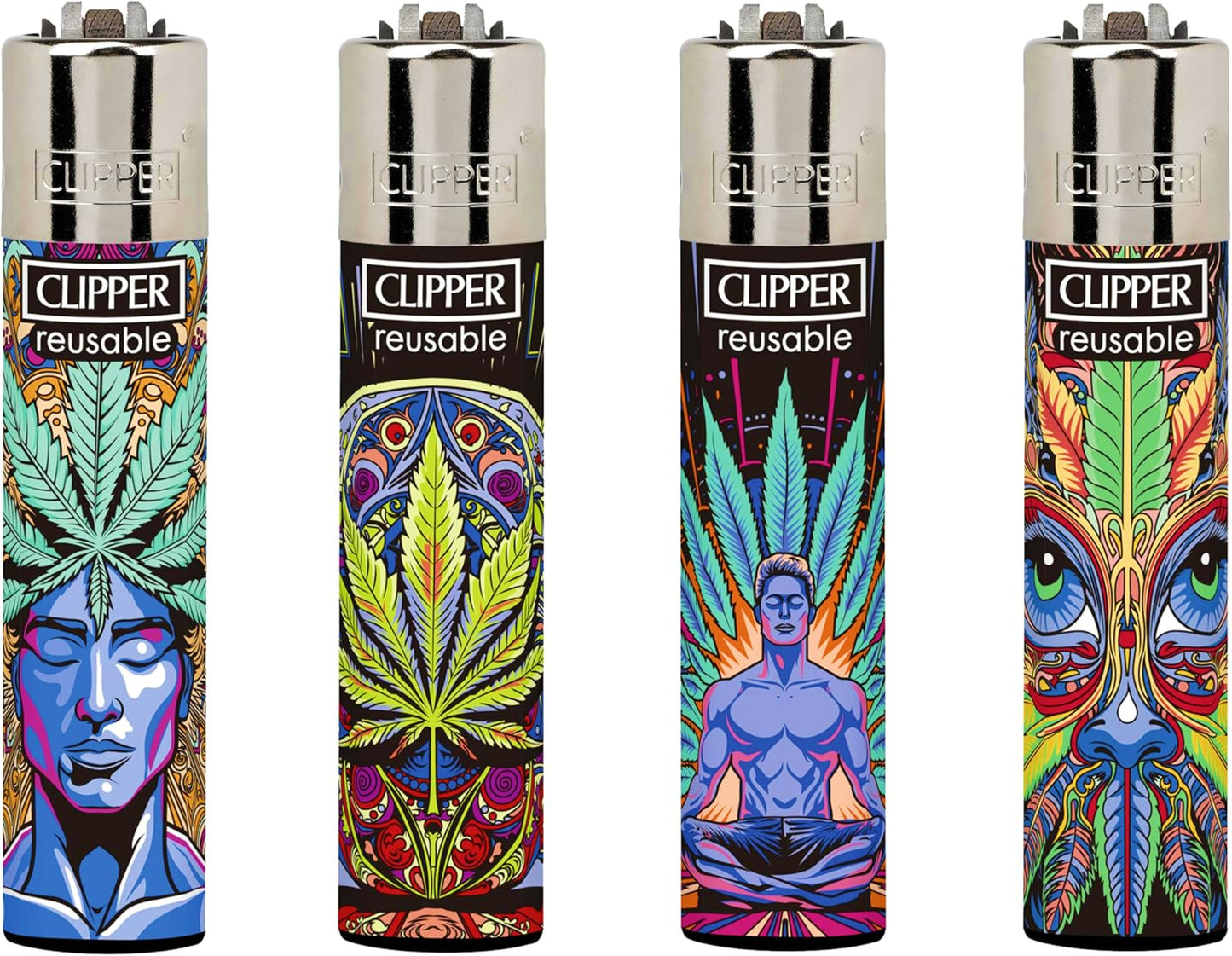 4 x Rare Meditation Weed Clipper Lighters Funny Cool Colourful Spiritual Gas 420