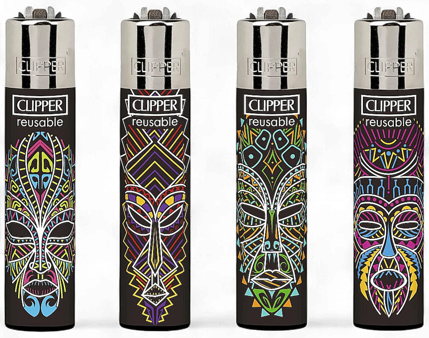 4 x Mandala African Masks Clipper Lighters Funny Cool Clippers Lighter Gas 420