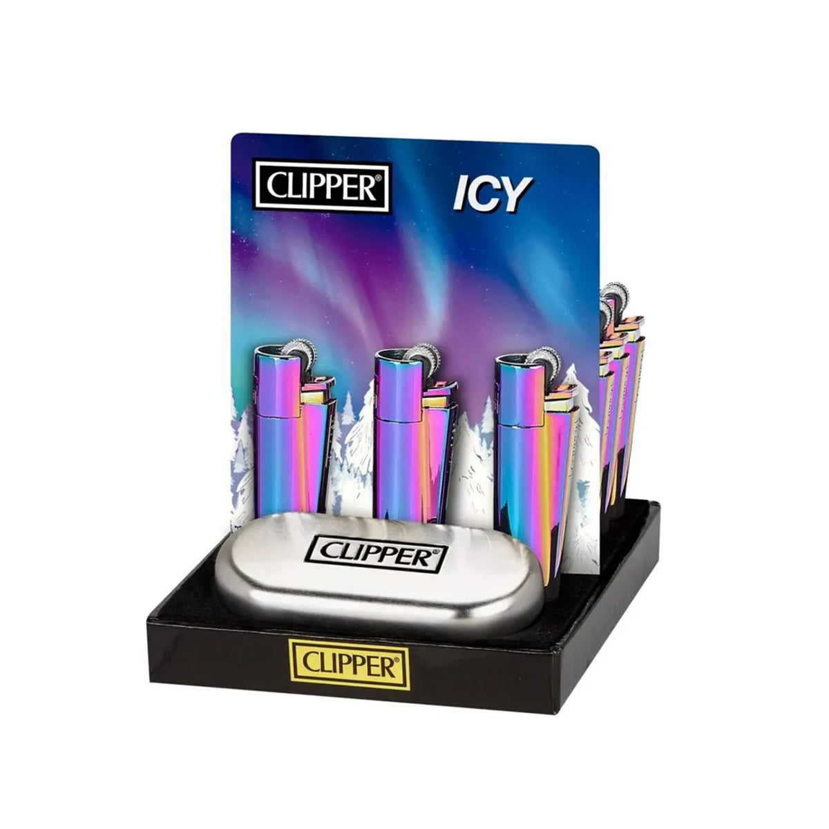 Metal Icy Rainbow Clipper Lighter With Tin Gift Case Full Size Refillable Rare