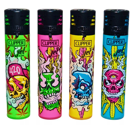 4 x Jet Flame Psycho Skulls RARE Clipper Lighters Windproof Funny Cool Clippers