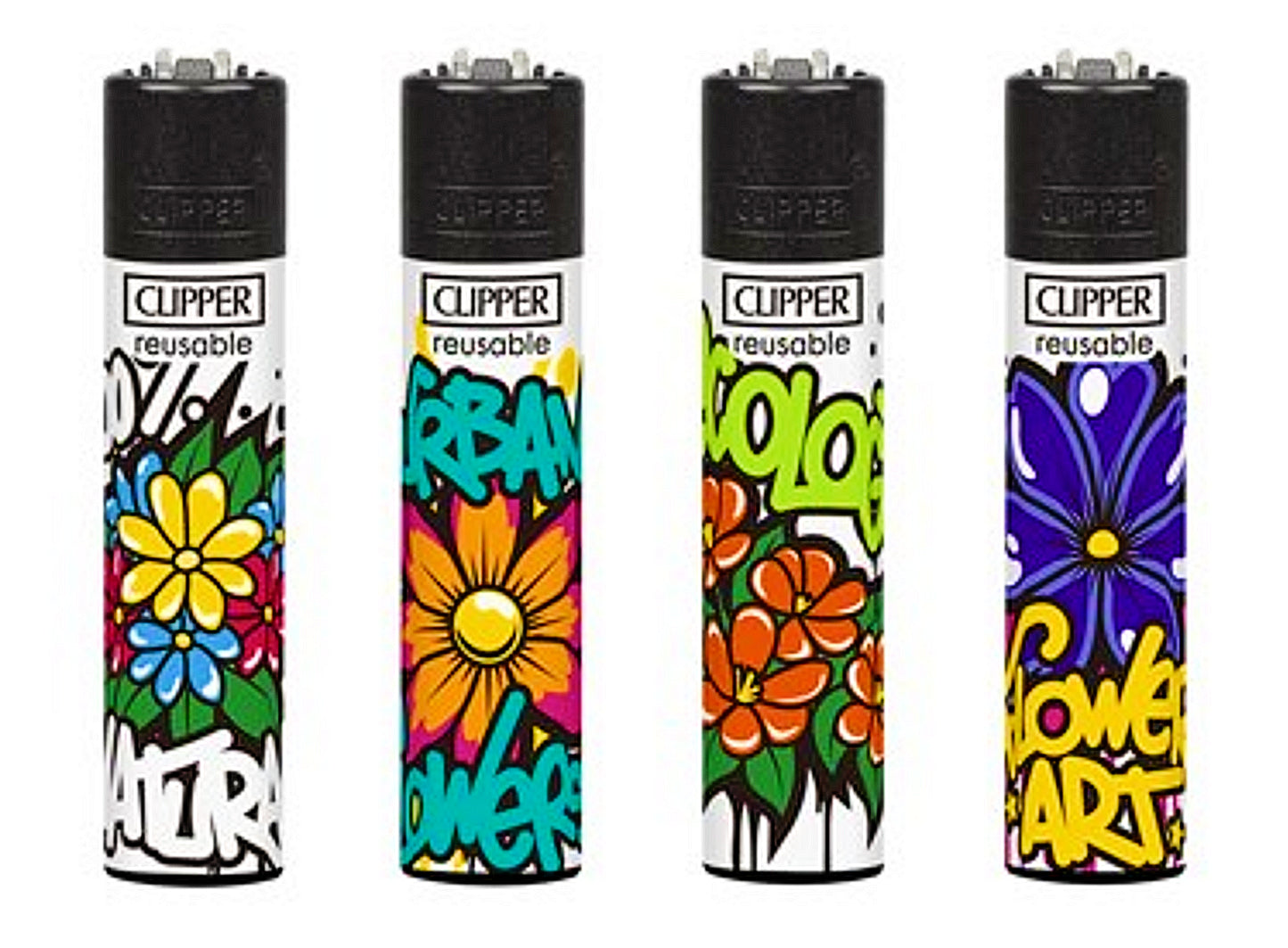 4 x Graffiti Flowers RARE Clipper Lighters Funny Cool Clippers Floral Plants Gas
