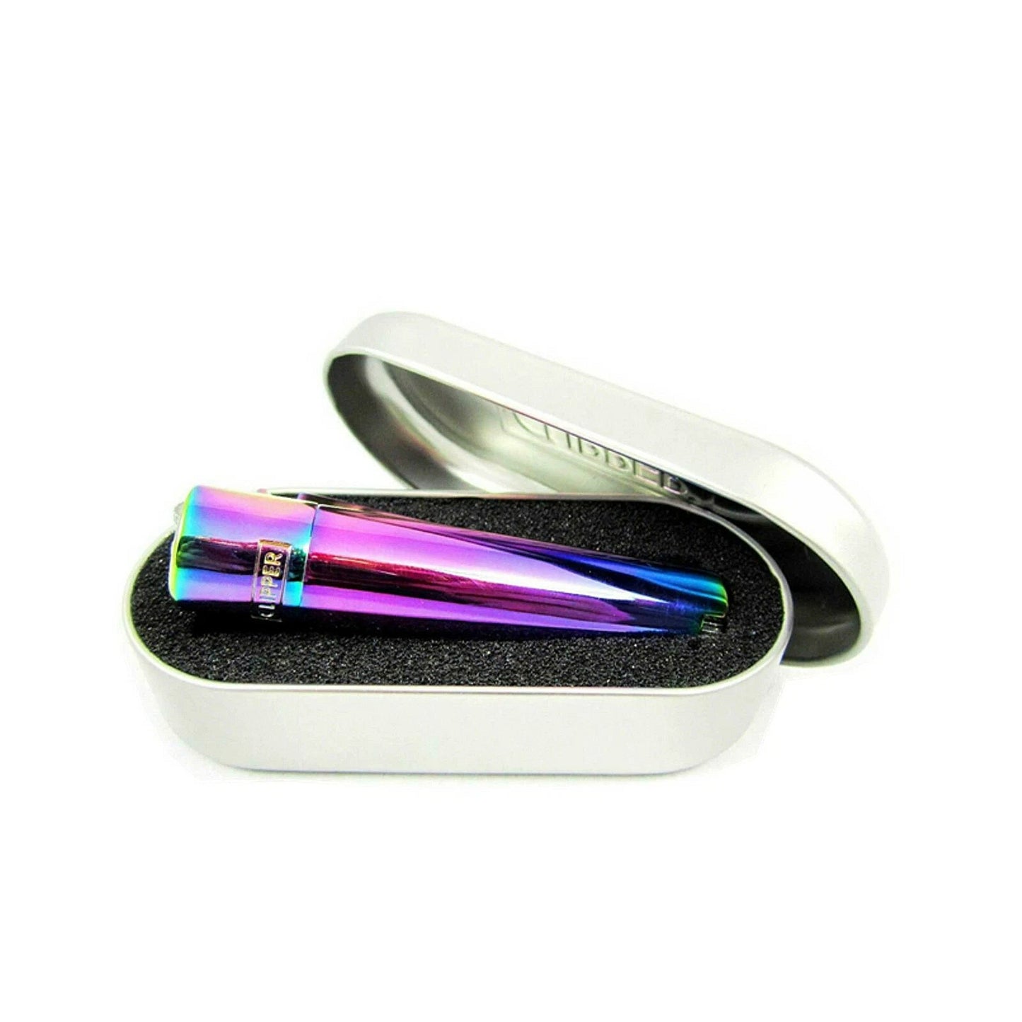 Metal Icy Rainbow Clipper Lighter With Tin Gift Case Full Size Refillable Rare