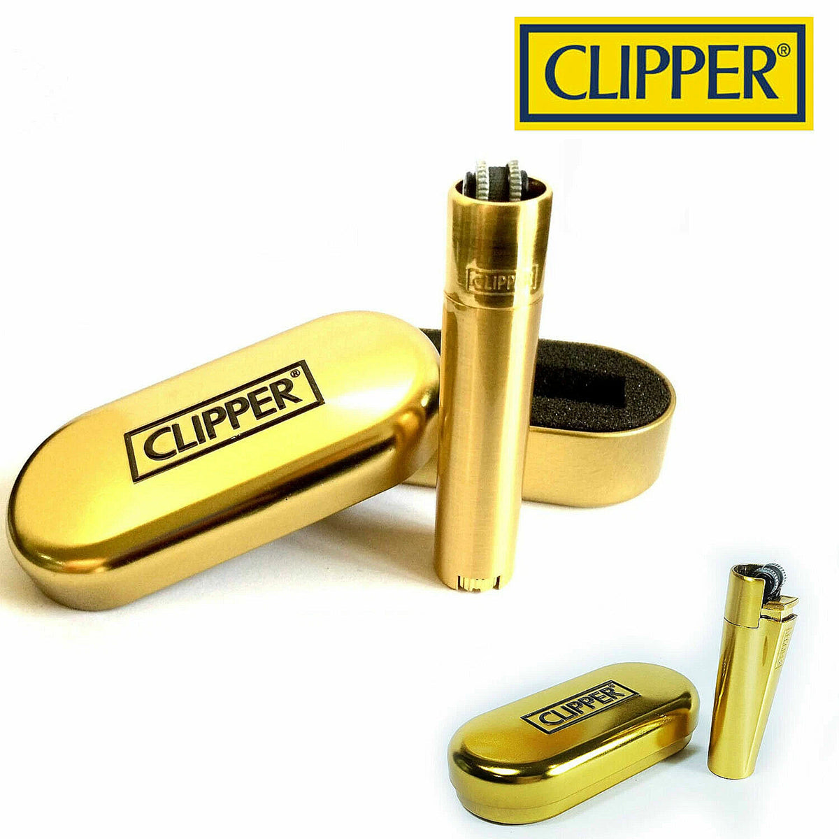 Metal Gold Clipper Lighter With Tin Gift Case Full Size Gas Refillable Rare