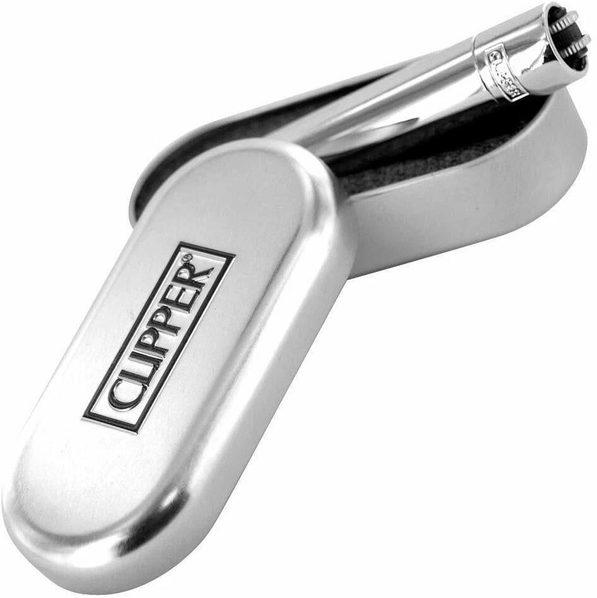 Metal Silver Clipper Lighter With Tin Gift Case Full Size Gas Refillable Rare